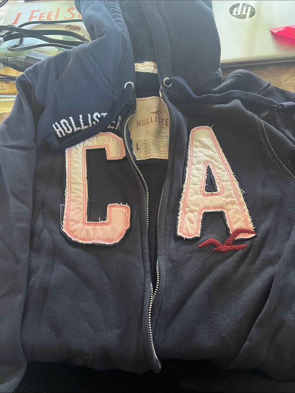 Hollister Navy Hoodie with Pink-Trim CA Appliqué Vintage Sz L